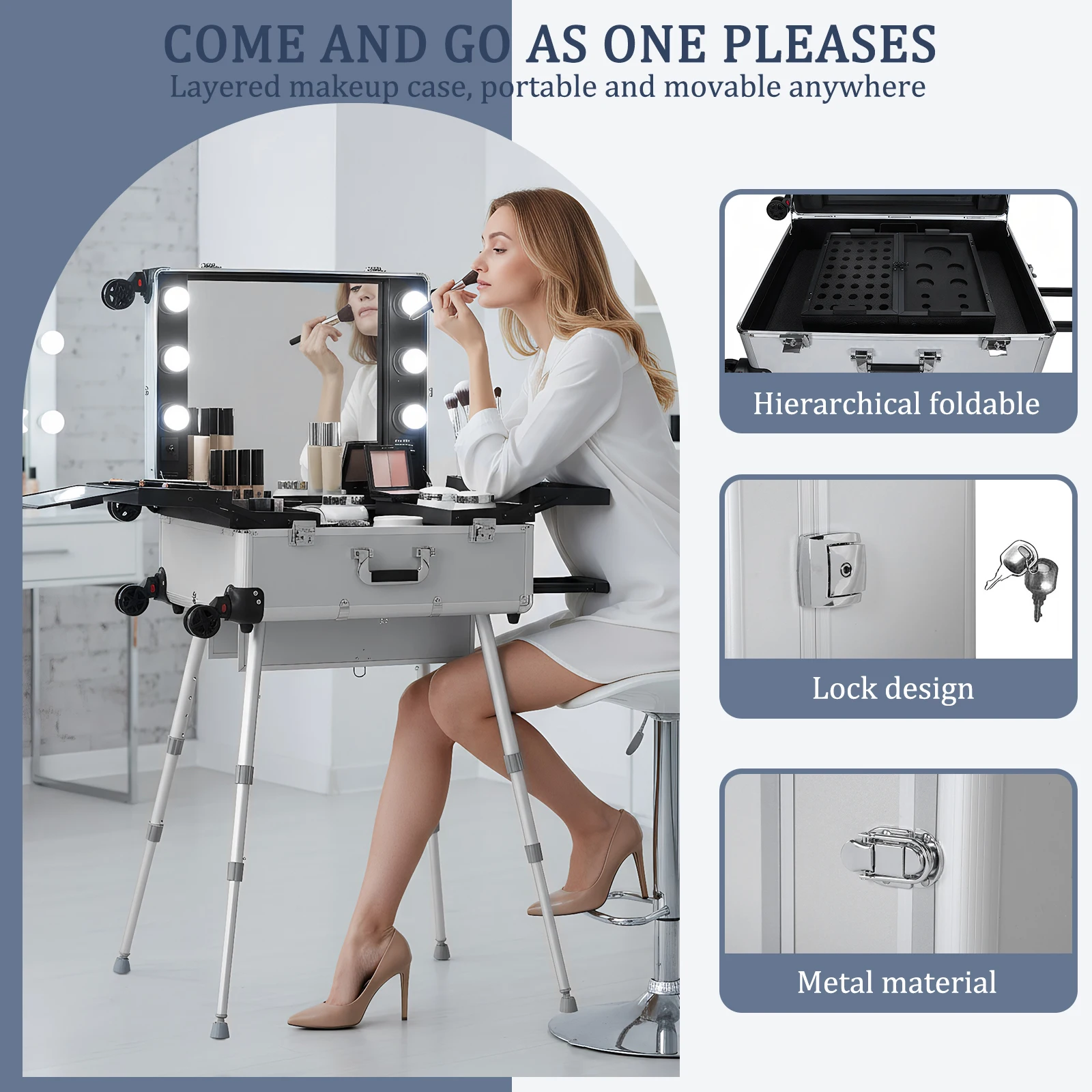 

Rolling Travel Cosmetic Organizer Box with Mirror and Lights Mobile Barber Stations with Wheels Stands for Travel Or Salon Use