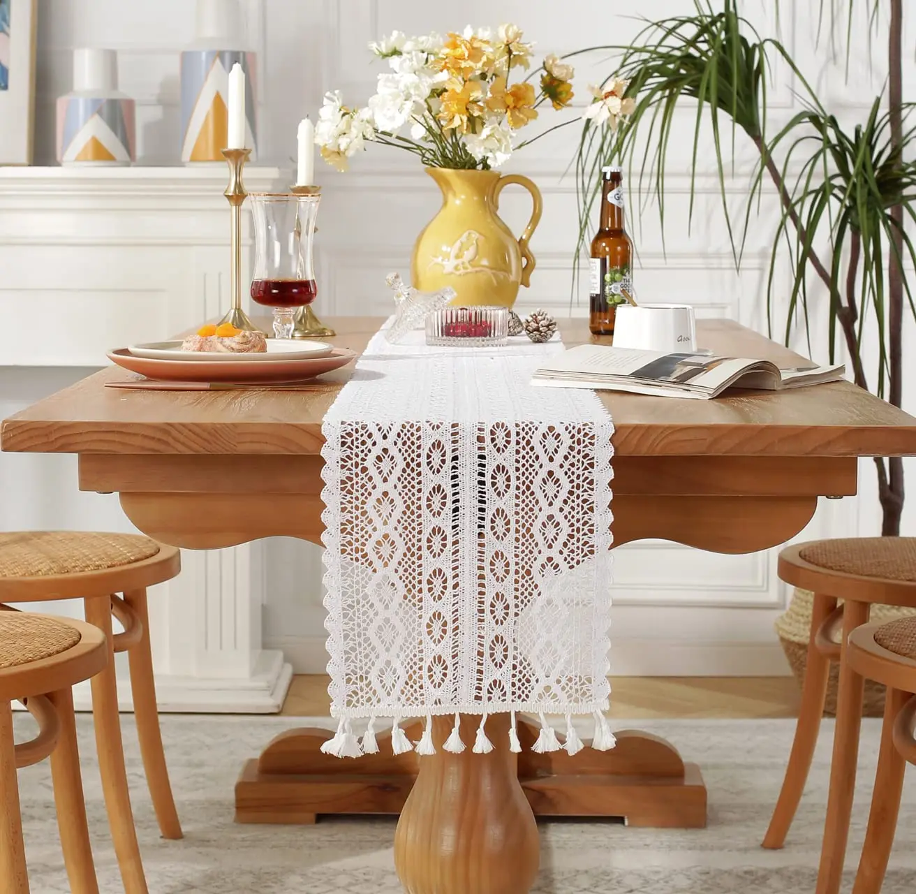 Boho Table Runner, White Vintage Farmhouse Macrame Table Runner for Kitchen Coffee Dining Table Buffet Dresser Decor