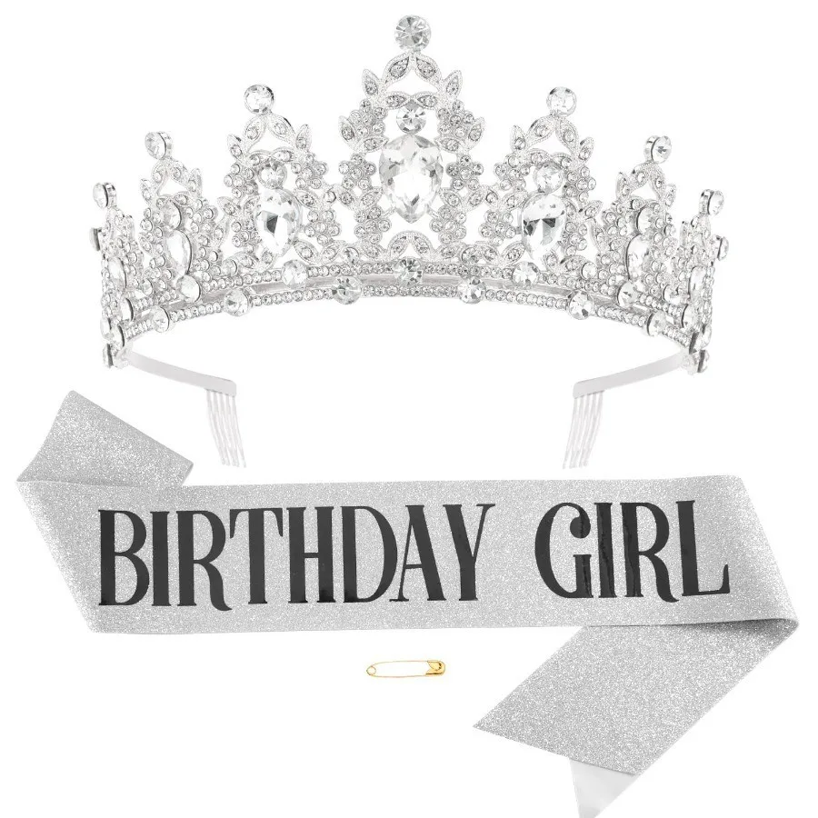 Barocke Strass-Geburtstagsmädchen-Schärpe, Band, Krone, Tiara, Stirnbänder, Schärpe mit Anstecknadel, Happy Birthday Party für Frauen und Mädchen – Detail 1