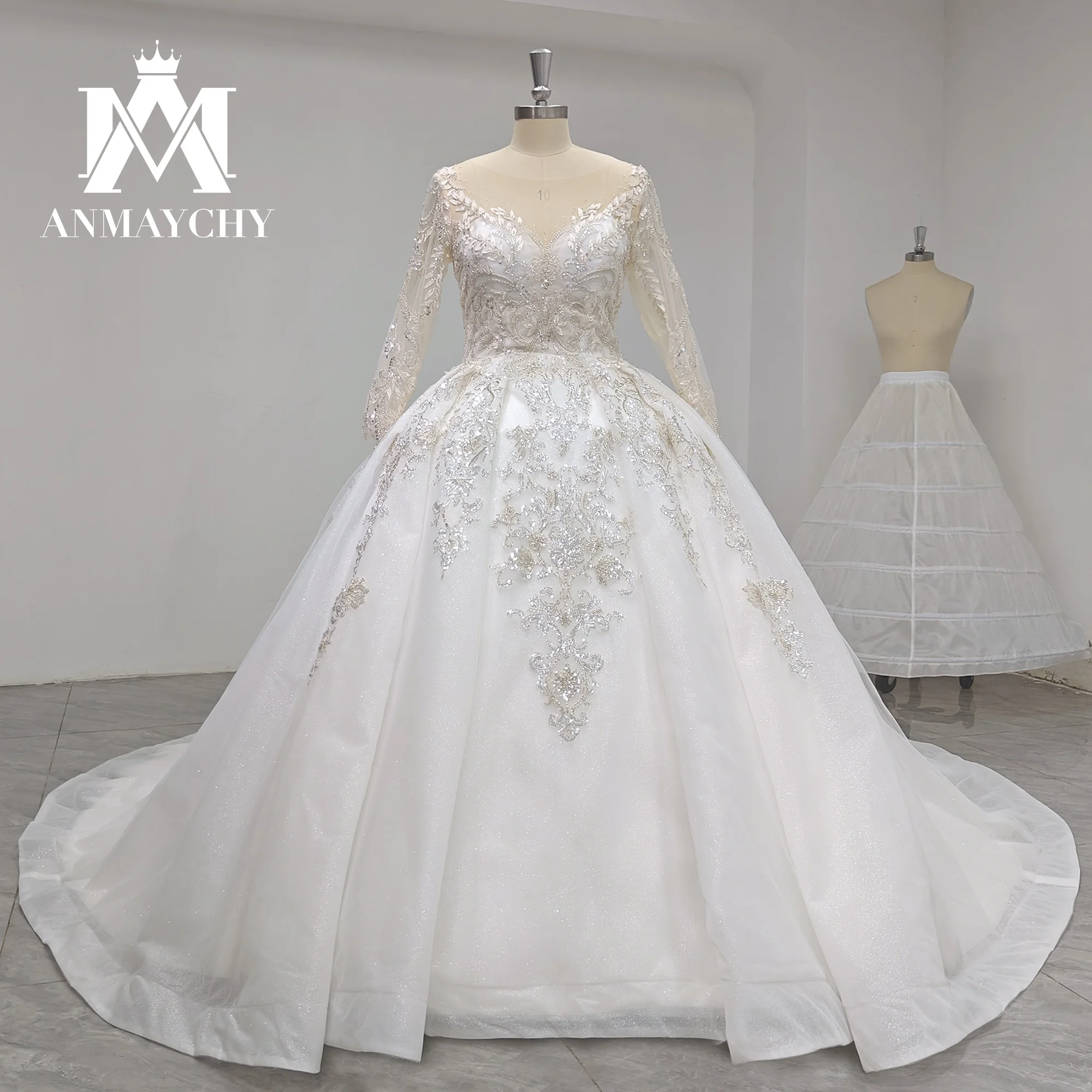 

ANMAYCHY Royal Ball Gown Wedding Dress 2023 Sweetheart Semi-Transparent Long Sleeve Shimmering Tulle Wedding Gown High Quality