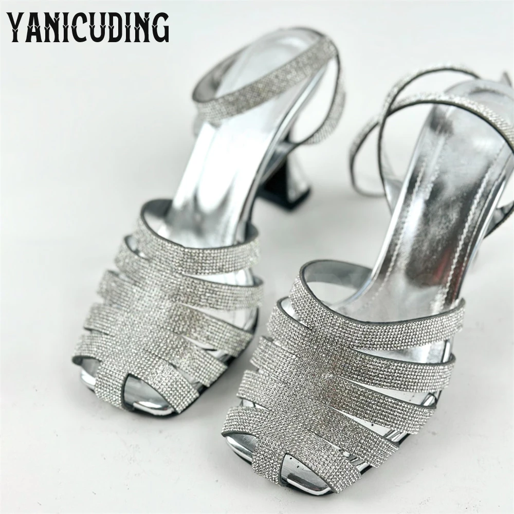 

Wide Band Rhinestone Silver Sandals Luxury Full Crystal Gladiators Sandals Ankle Square Buckle Strange Heel Summer Heels Sandals