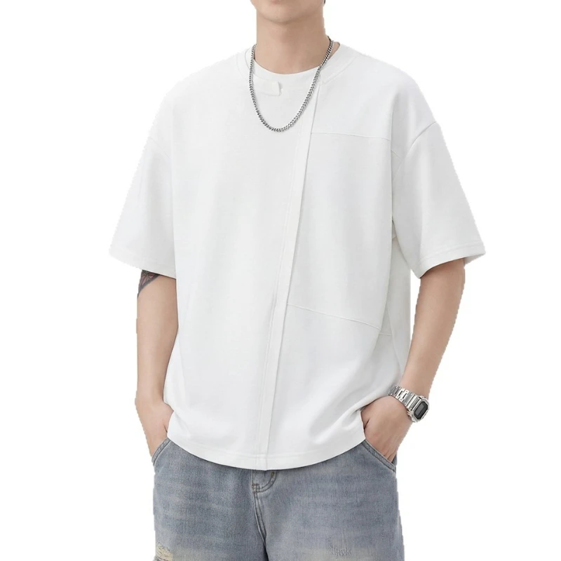 T-shirt Men's Short Sleeves Summer 2026 New Trend Loose Double Structure Collar T-shirt Round Neck Solid Color Heavy Half Sleeve