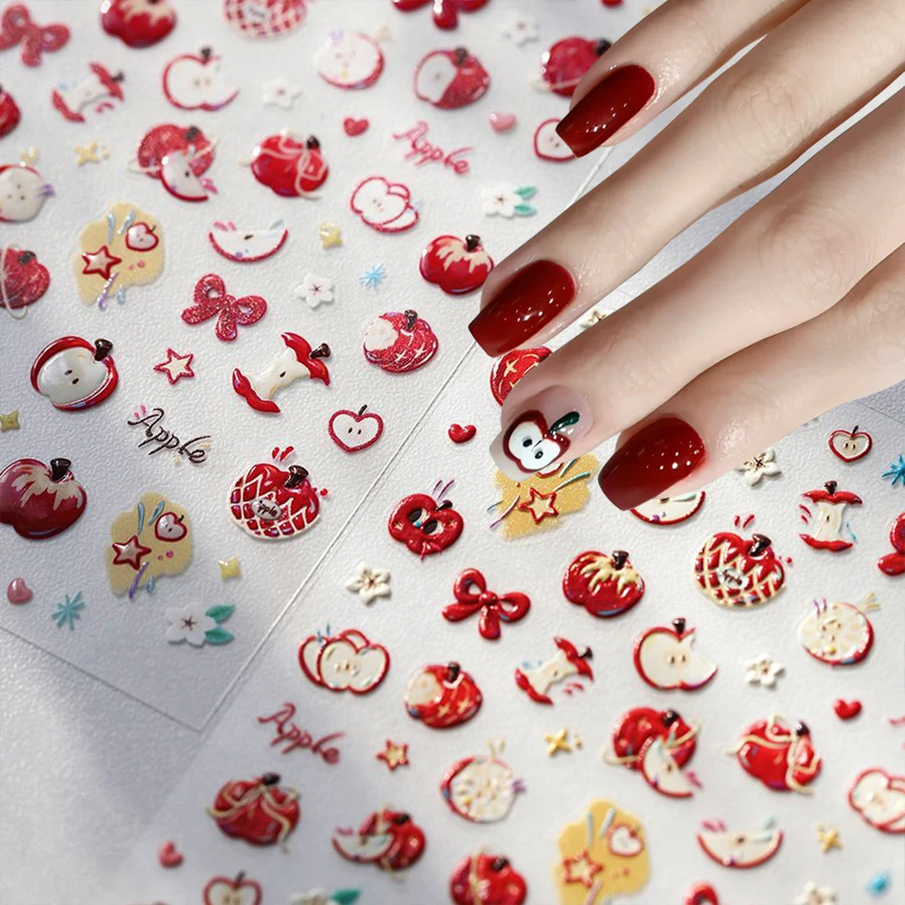 1 シート漫画アップルスライス/アップルコアかわいいフルーツネイルデカールエンボス加工レッドアップルネイルステッカーハートアップルスターかわいいマニキュア