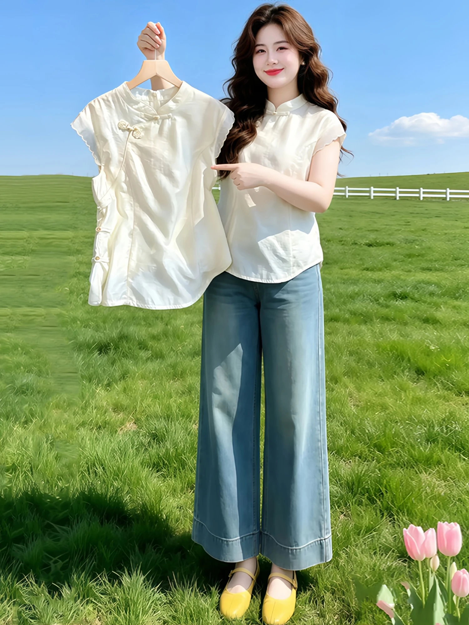 

New Chinese Style Pearl Button Thin Summer Shirt Women's Sleeveless Stand Collar Flying Sleeve National Style Top Casual Loos...