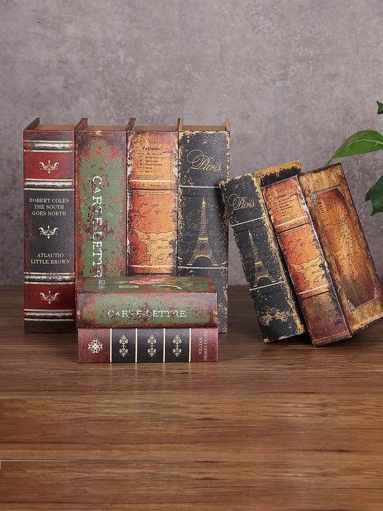 Vintage fake book Ornaments wooden book model simulation book storage box,hidden mobile phone box home living room,office decor