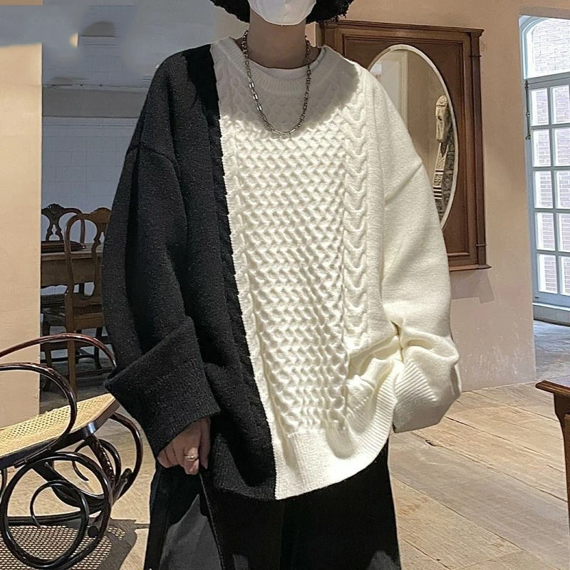 Jacquard Knitted Patchwork White Black Solid Long Sleeve Men Tops Autumn Winter Pullover Fashion Hit Color Casual Warm Clothes