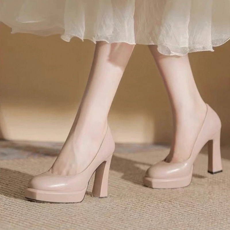 

2025 г., женские высококачественные весенние новые непромокаемые туфли на высоком каблуке на платформе и толстом каблуке, универсальная обувь телесного цвета без шнуровки
