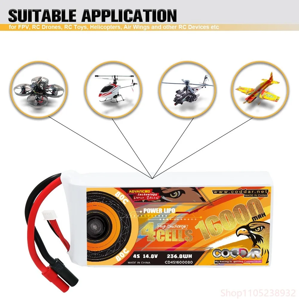 CODDAR 16000mAh 4S 14.8V 80C FPV Drone Battery for RC Race, Long Flight Time