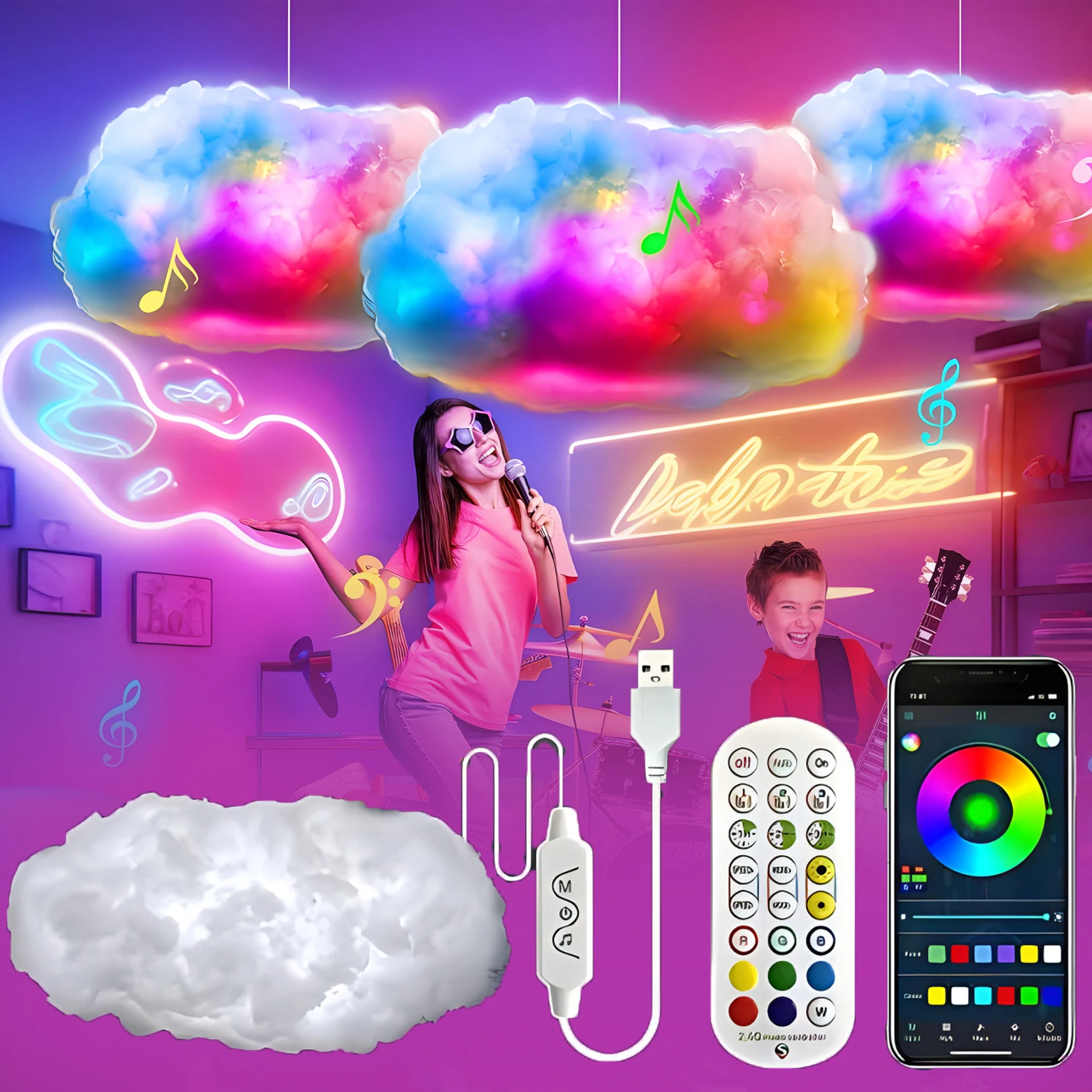 

3D Cloud Lightning Light Music Sync Warm Multicolor Lightning Changing Strip Lights 360° APP Decorations Indoor Home Bedroom