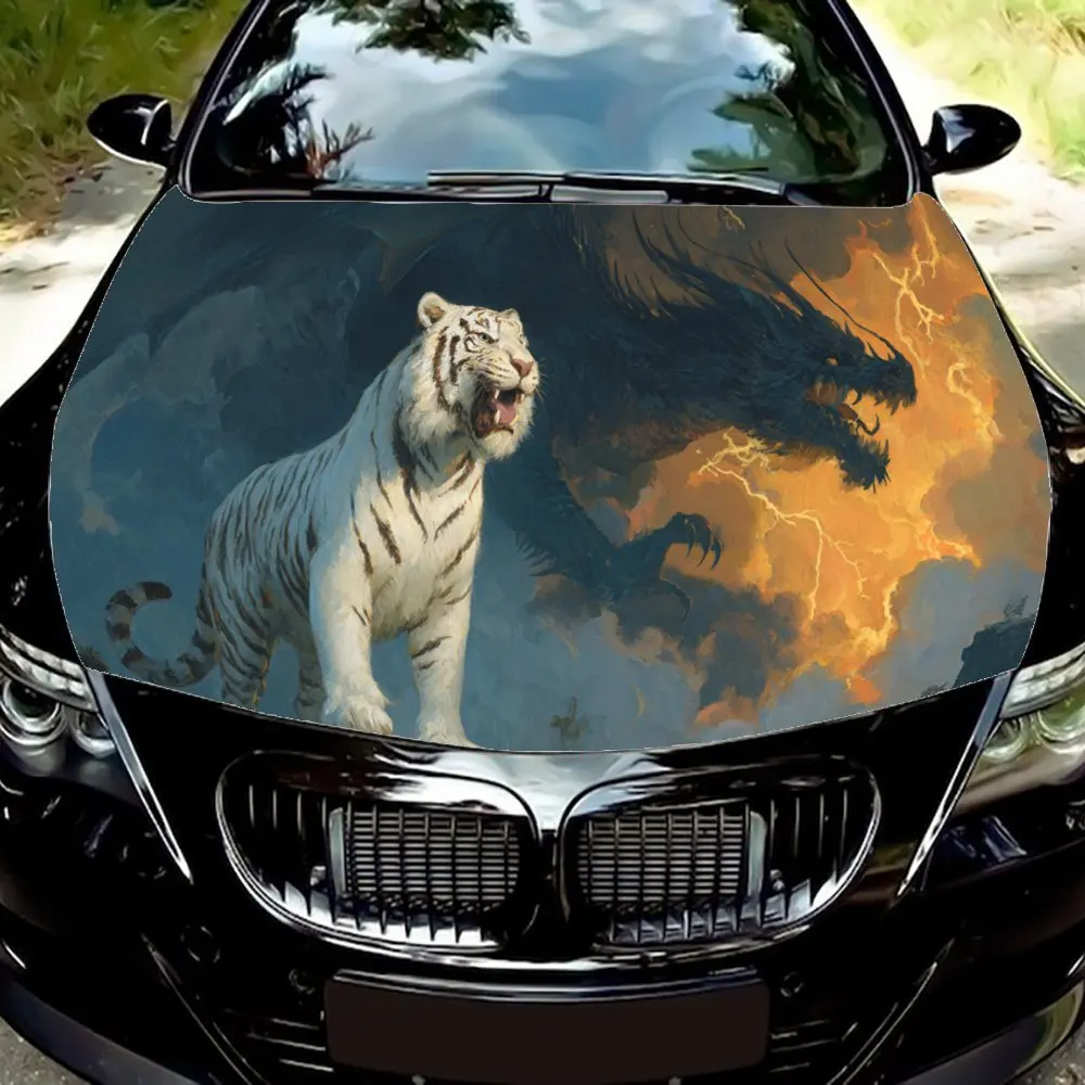

Ревущий белый тигр и черный дракон - наклейка на чехол автомобиля с пламенем, наклейка из ПВХ с защитой от царапин, самоклеящаяся водонепроницаемая наклейка на автомобильный двигатель