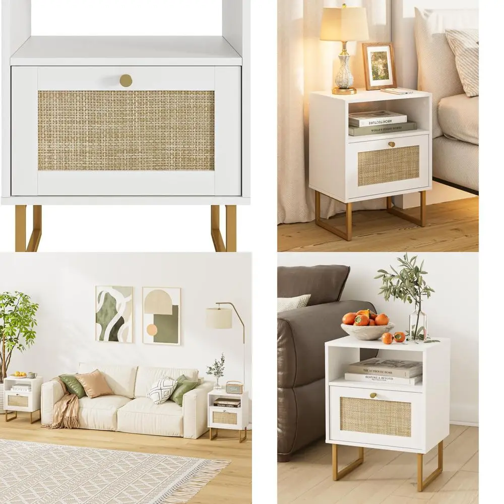 

Farmhouse Style Rattan Nightstand with Storage and Open Shelf, White, Suitable for Bedroom or Living Room Accents