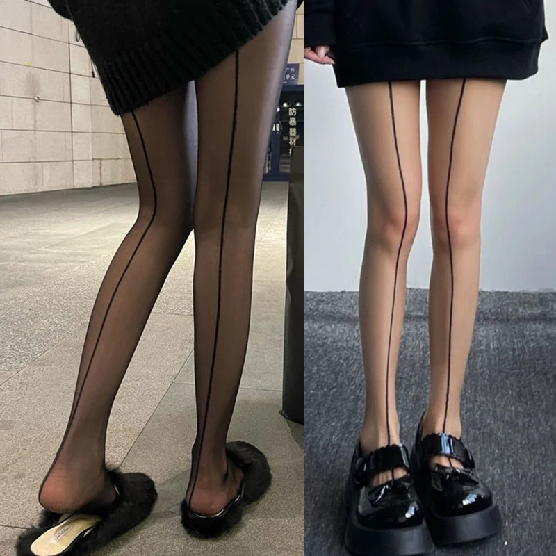 Women Sexy Vintage See Through Pantyhose with With single Seam Vertical Stripe Shrimp Line Sheer Tights Retro Silky Thin