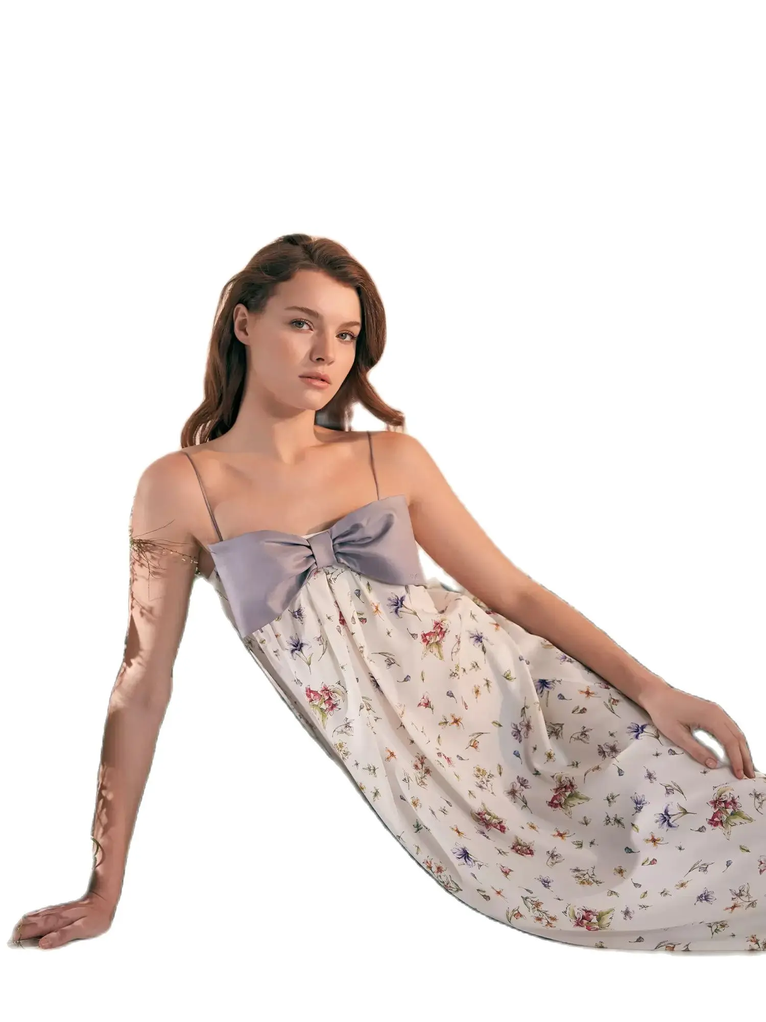 BirdTree, 90%Mulberry Silk Sexy Nightgown, Women Staghetti Strap Bow Printed, French Hot Pajama Dress, 2024 Summer P45763QC