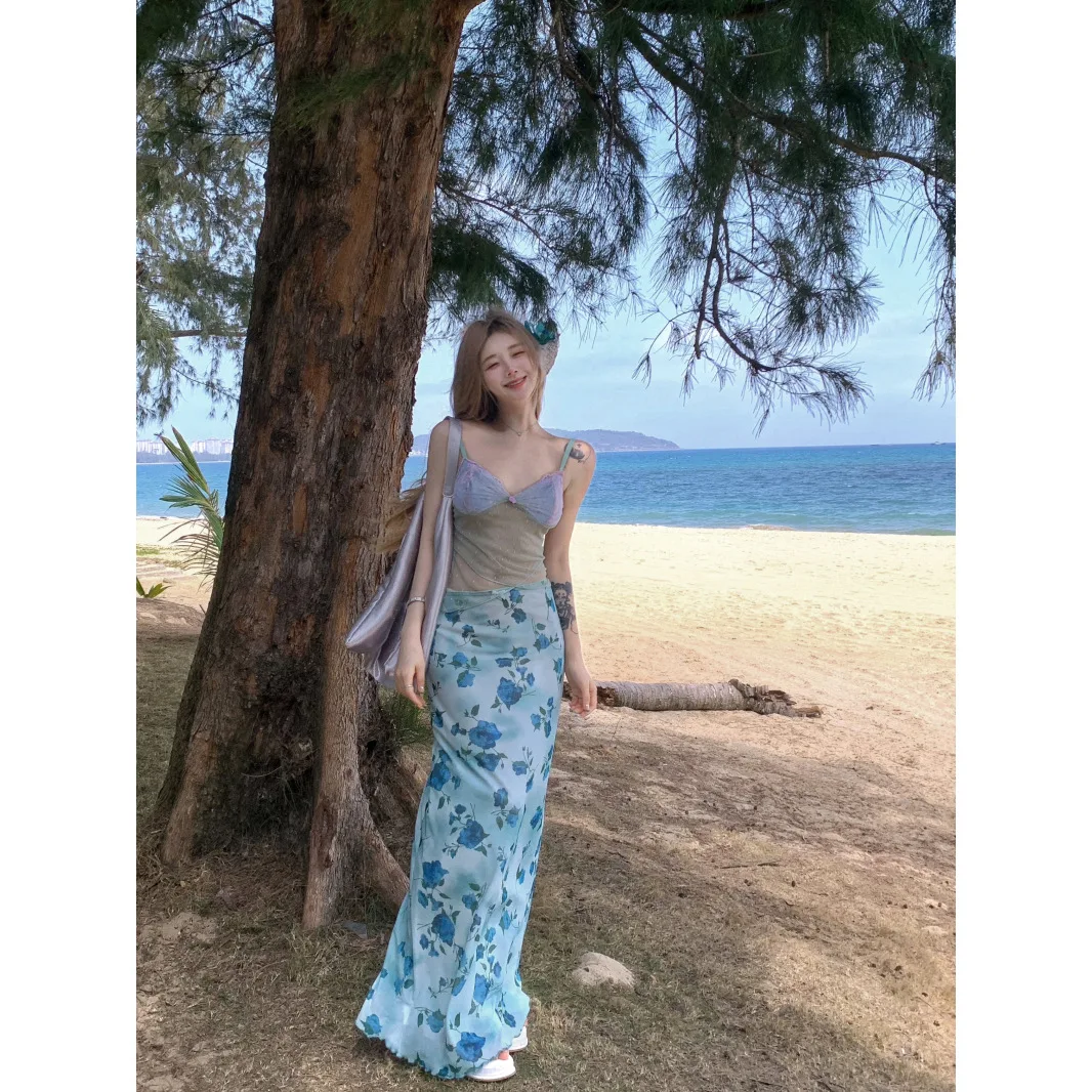 2026 Summer New Women Floral High Waist Long Skirt, Mesh Splicing Design, Elegant Vacation Style Slim Fitted Midi Skirt For