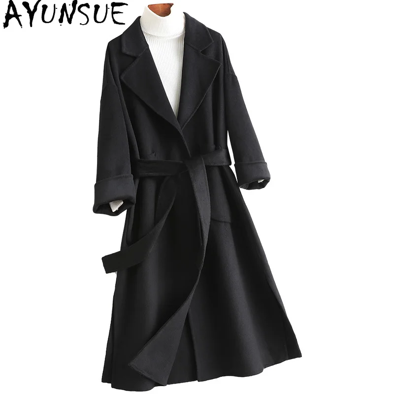 

Ayunsue Real Women's Wool Coat Women Jacket Double-sided Woollen Cashmere Coats Belted Trench Coat Female Casaco Feminino Sq931