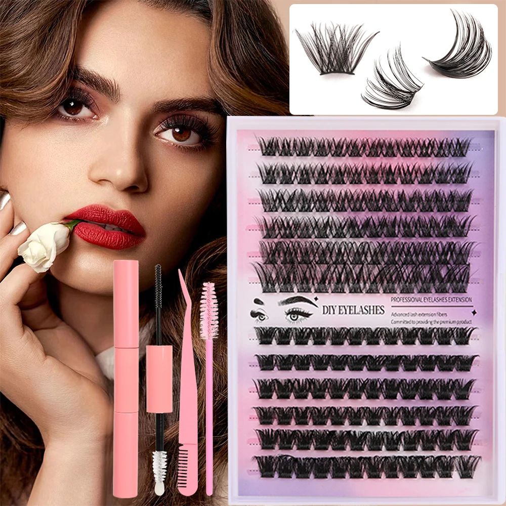 DIY Eyelash Extension Kit, 144 Pc Eyelash Clusters, Super Fixed Mascara Brush Bonding and Sealing Eyelash Glue and Eyelash Applicator and Tweezers and Eyelash Cluster Kit (0.07Mm-10-16Mm Mix Kit)