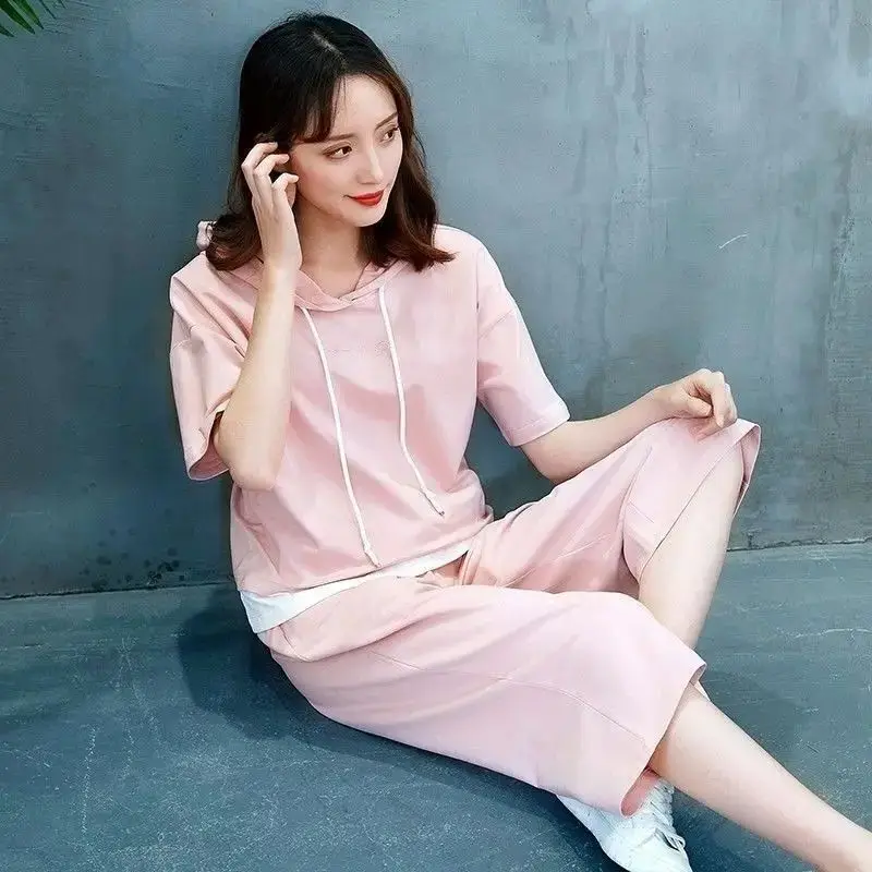 Summer New Casual Fashion Sports Suit Women\'s 2024 Korean Loose Student Hooded Short Sleeve Tops Wide Leg Pants 2 Two Piece Sets