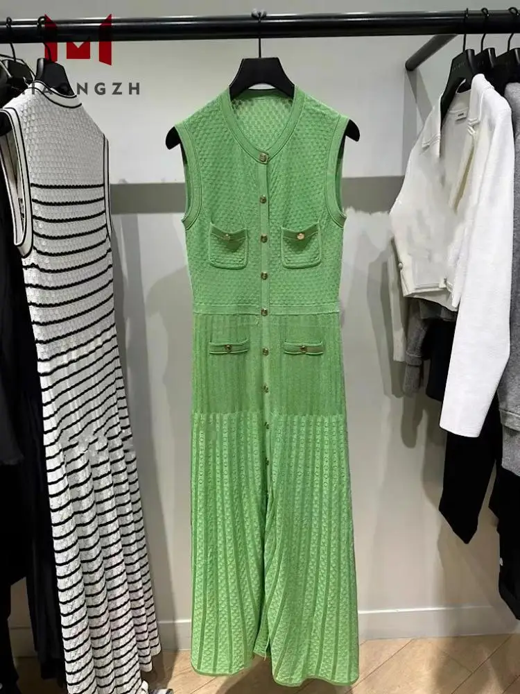 

2024 New Luxury Green Knit Dresses For Women Round Neck Sleeveless Vintage Slimming S Metal Button Summer Female Party Vestidos