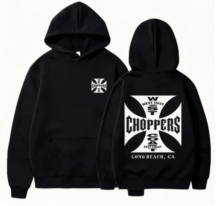 2026 Black Fleece Casual Hooded Top, Retro Cross Symbol Biker Art Printed Front & Back, Unisex Loose Pullover