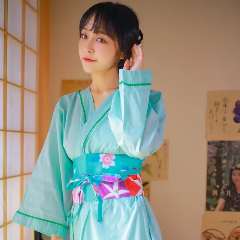 

Women Hot Spring Kimono Casual Loose Home Clothes Nightgown Japanese Light Blue Kimono Yukata Traditional Bathrobe Obi Outfits