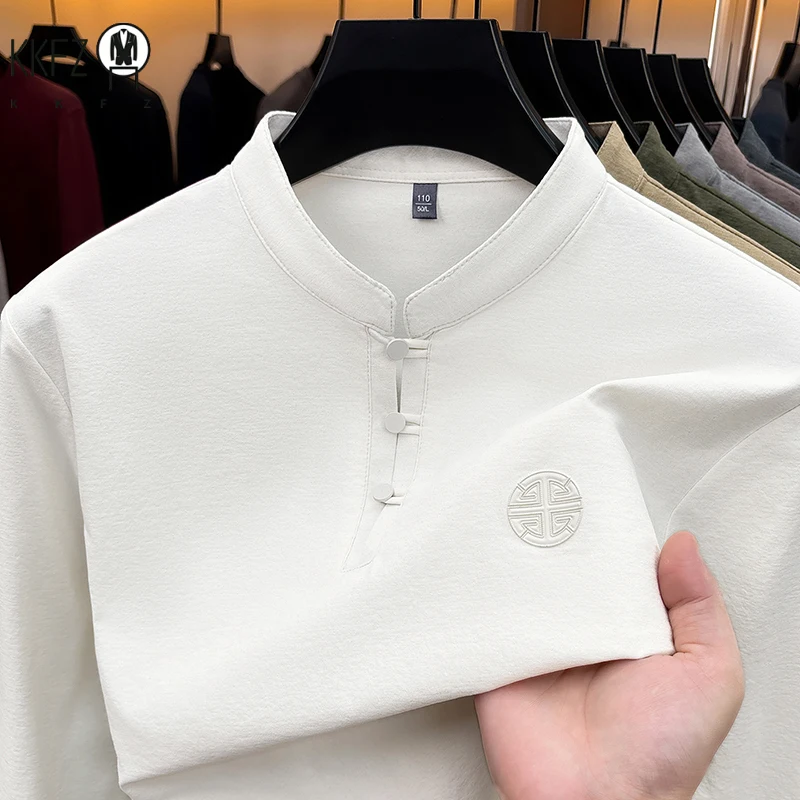 Men Long Sleeve Button Placket Tee Stand Collar Chest Embossed Detail Loose Fit Daily Office Leisure Wear Top