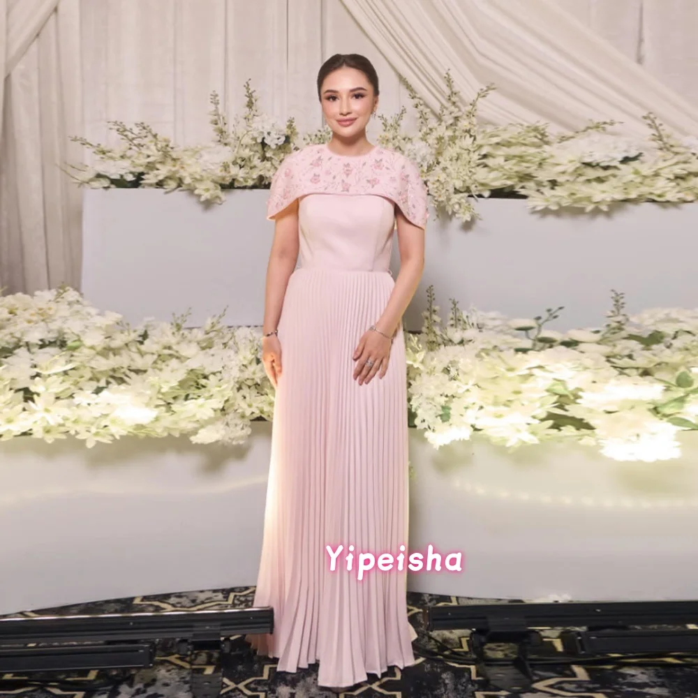 

Customized Elegant Sheath Sleeveless Prom Dresses O-Neck Floor Length Party Dresses Pleated Beadings Formal Evening Dresses