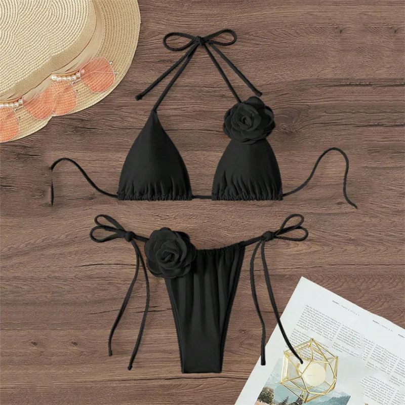 3D fleur blanc Triangle String licou Bikinis 2025 Mujer maillots de bain femmes Sexy maillots de bain maillot de bain brésilien Bikini ensemble baigneur