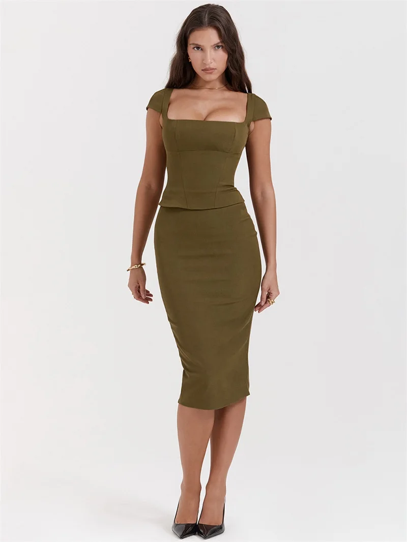 

Army Green Women's Prom Dress Square Neck Short Sleeves Skirt Formal Casual Daily Slim Sheath Autumn Fall Midi Robe Party Gown