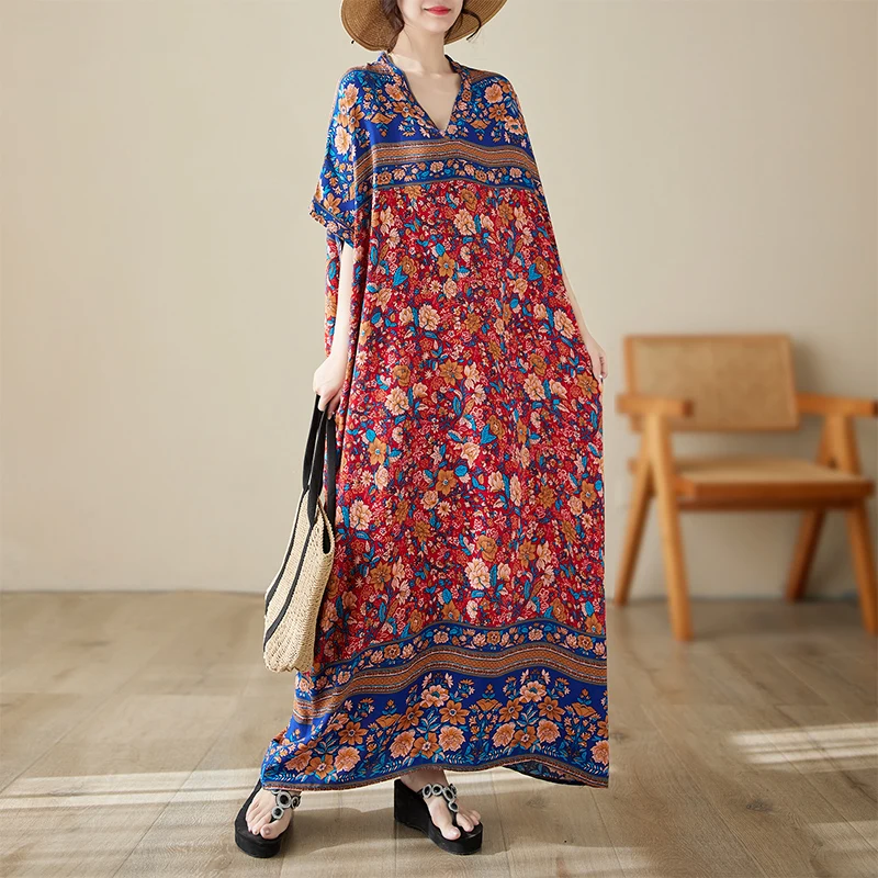 

Summer Spring V-Ne Cotton Silk Loose Long Beach Skirt Retro Meat Covering Large Size Artistic Holiday Sle Gown