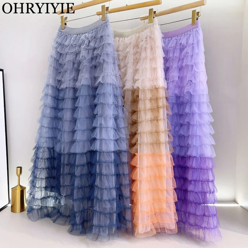 

OHRYIYIE Women Tiered Long Tulle Skirt Spring Summer Floor-Length Maxi Long Skirt Women Fashion Patchwork Boho A-line Skirt 2024