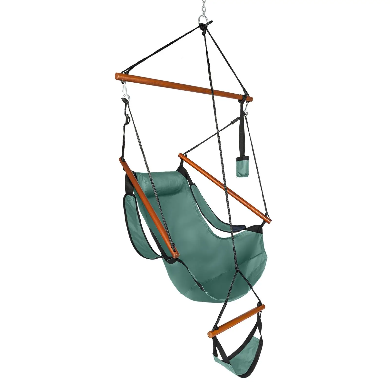 Oxford Cloth Hanging Chair with Wooden Stick & Cup Holder - 100kg Capacity for Seaside Courtyard - Green