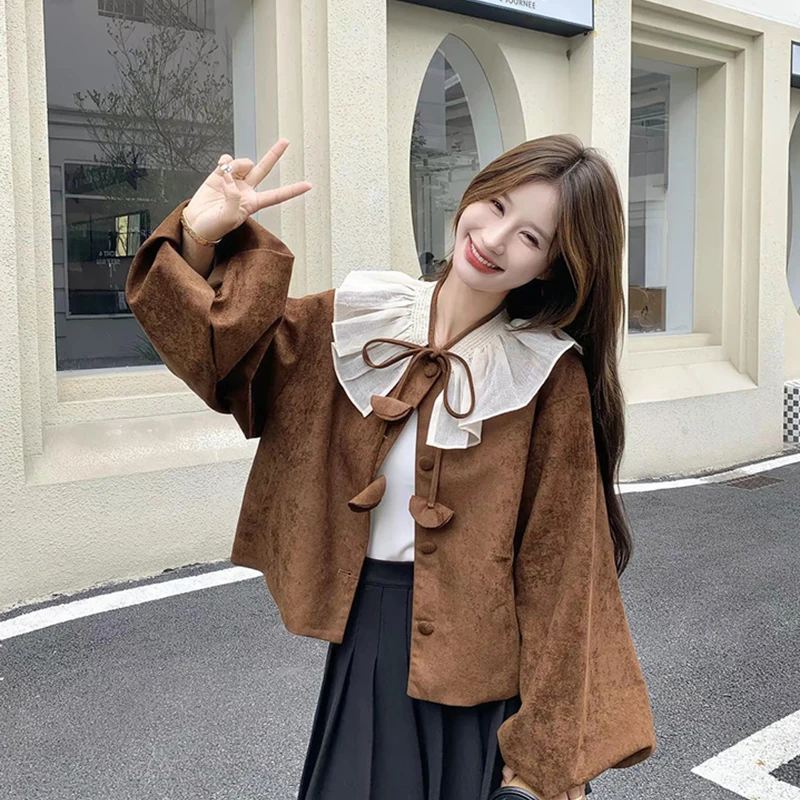 Sweet Vintage Ruffle Collar Jacket Women Balloon Sleeve Loose All Match Jacket Autumn Bow Lace Up Retro Female Outwear Tops New