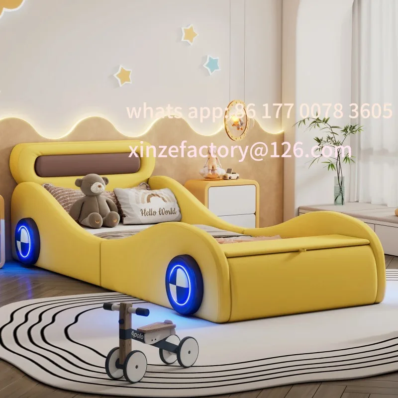 سرير أطفال فردي على شكل سيارة قابل للتخصيص، سرير أطفال مقاس 90 × 200 سم مع عجلات مضيئة ومساحة تخزين، PU للشباب #3