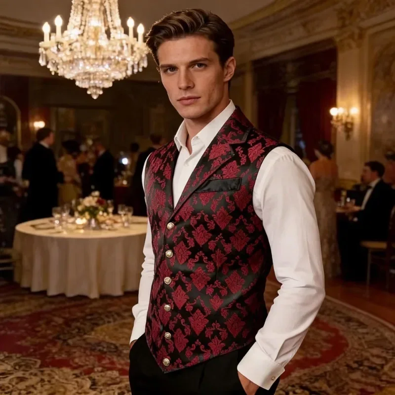 Herren-Westen im viktorianischen Stil mit Blumenmuster, aus Jacquard, mit Reverskragen, einreihig, schmal geschnitten, als formelle Weste für Hochzeiten, Bankette und Partys. – Detail 2