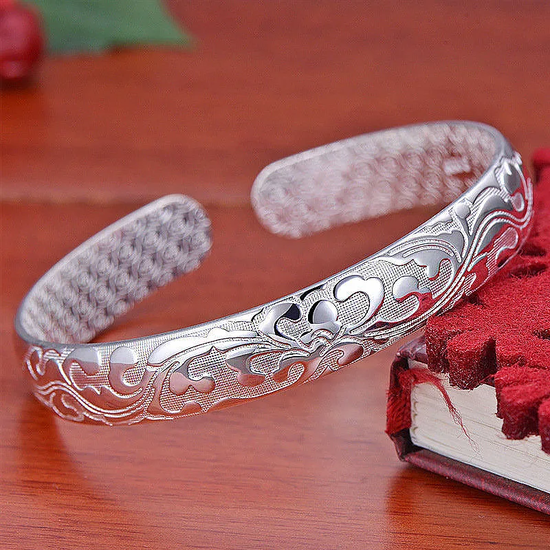 925 Sterling Silber Armreif für Damen, Vintage Geschnitztes Blumenmuster, Offener Armreif mit Innengravur, Schmuckgeschenke – Detail 4