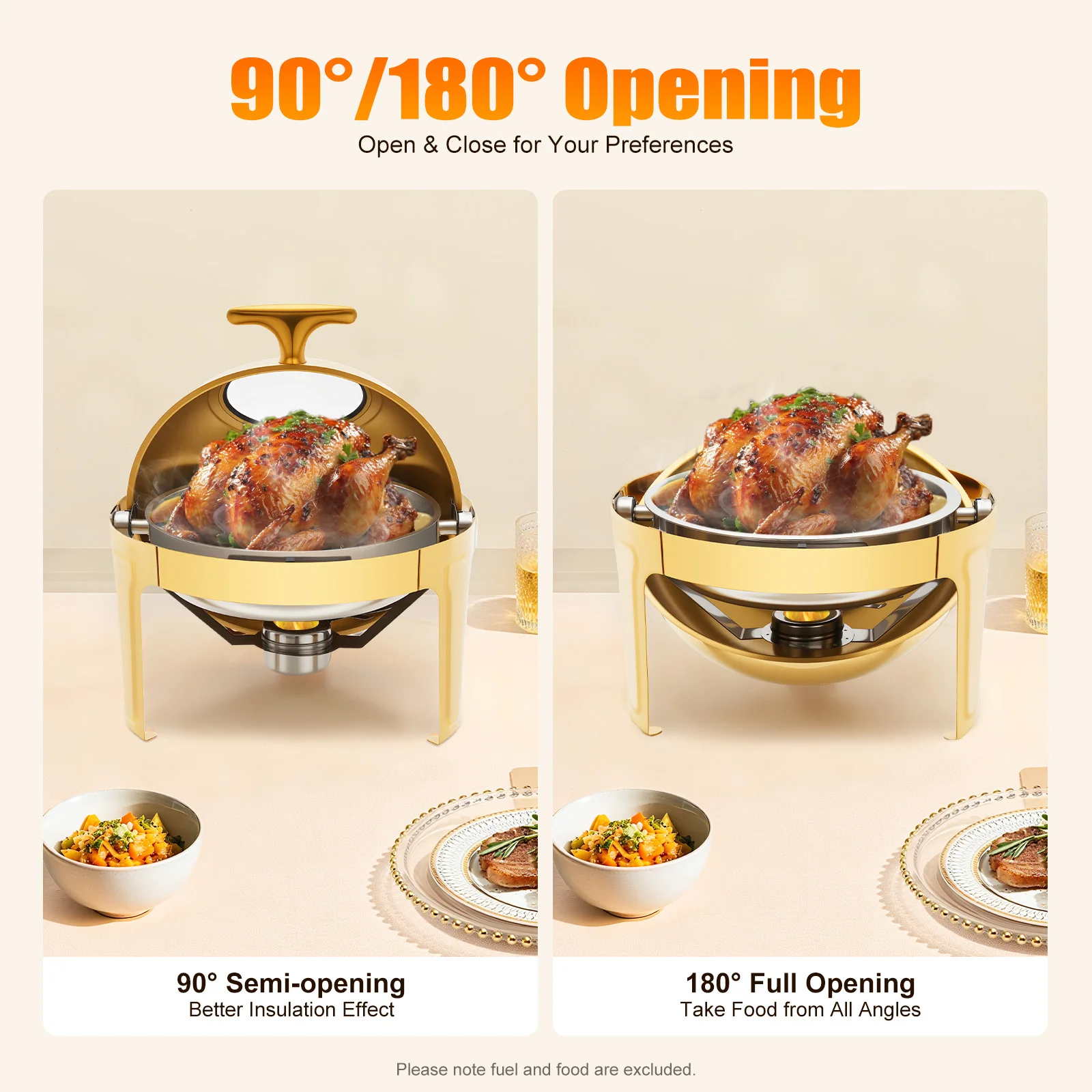 Round Chafing Dish Buffet Set 201 Stainless Steel Gold 6L 6 34Qt Capacity Clear PC Lid 90 180 Degree Opening T Handle for Wedding Party Banquet Catering