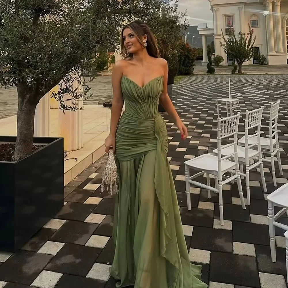 Women Sweetheart Neck Chiffon Evening Dresses Strapless Ruched High Waist A Line Floor Length Party Dresses