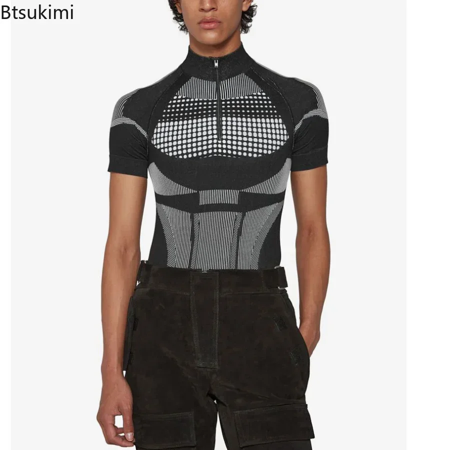 

New 2025 Men's Summer Short Sleeve Tight Tee Streetwear Basic Tops Clothes Man Stand Collar Slim Patchwork Pullover Clothes Male