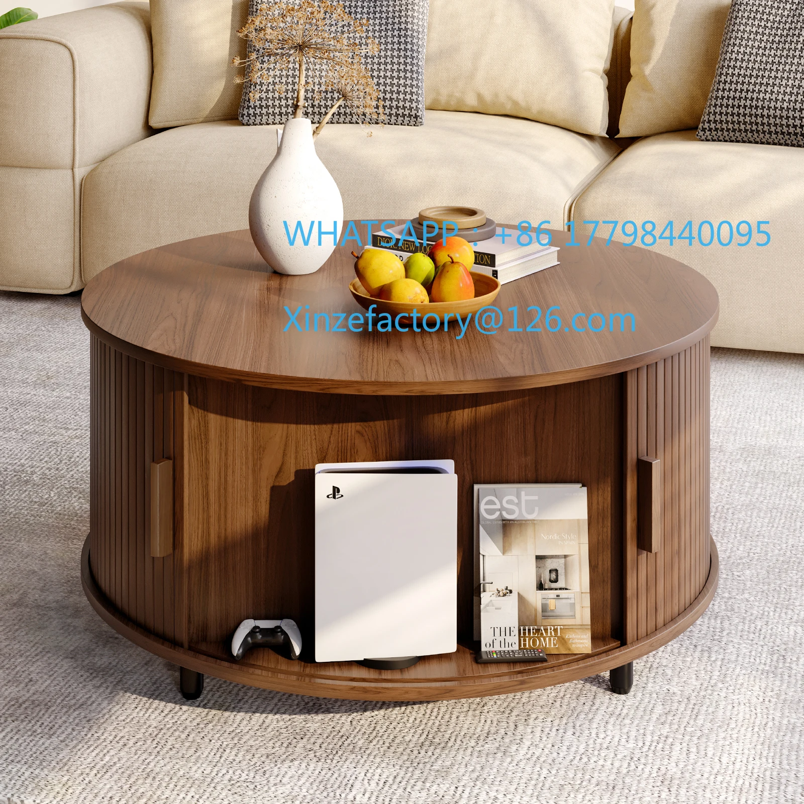 

Customizable Round Coffee Table with Storage,31.5" Modern Coffee Table with 360° Curved Sliding Door,Fluted Wood Accent Coffee T