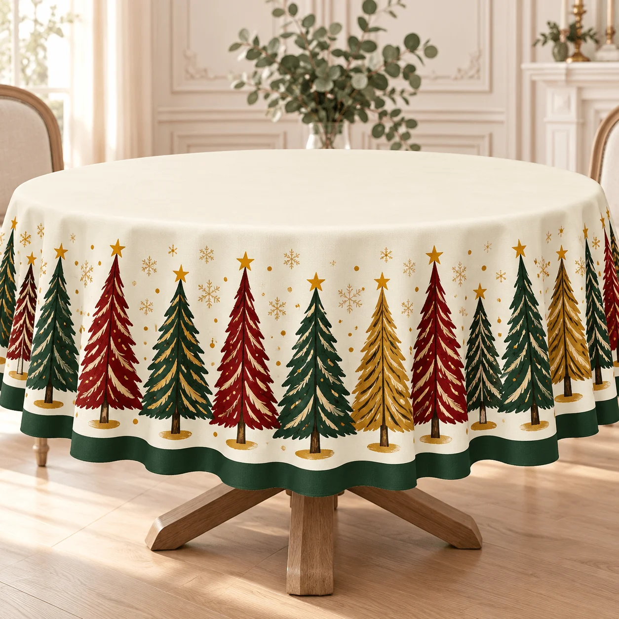 1 round tablecloth, full of Christmas table atmosphere! Off-white background with red, green and gold Christmas tree