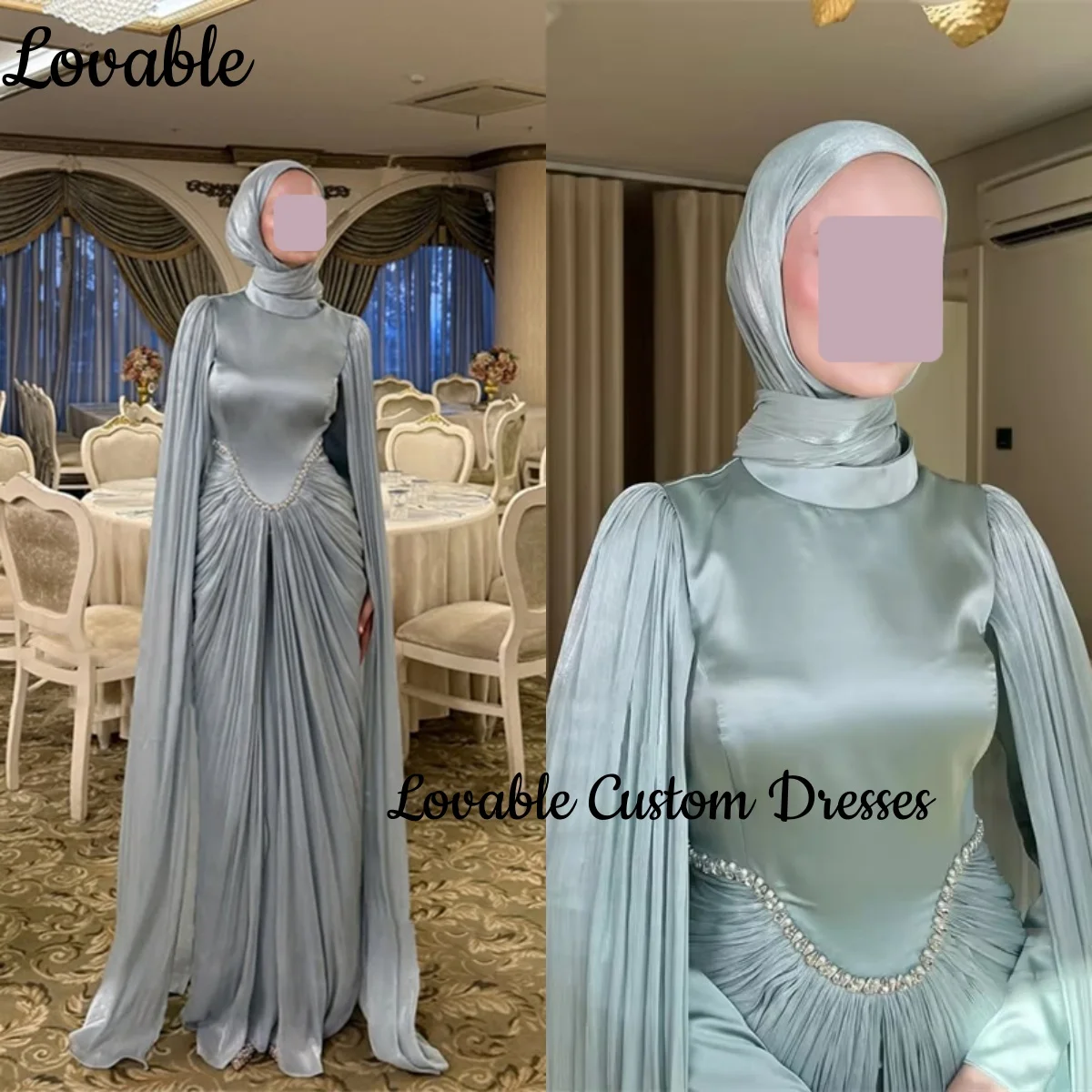 Personalizza abito da sera colonna blu cielo maniche lunghe scollo rotondo abito da cerimonia nuziale lunghezza pavimento perline cerniera formale
