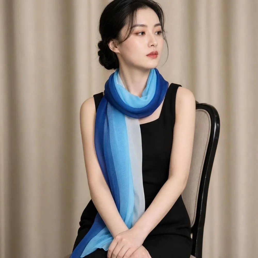 Chic Gradient Color Simulation Silk Scarf 50*160CM Thin Neck Scarf Sun Protection Silky Touch Shawl Hijab for Women