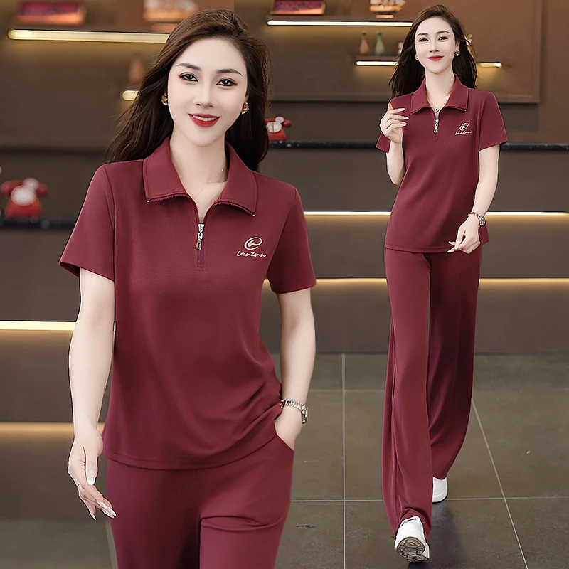 

Faionable Casual Sportswear Set Women's New 2025 Summer Trendy Anti-aging ort Sve Long Pants Mommy Outfit Two-piece Set