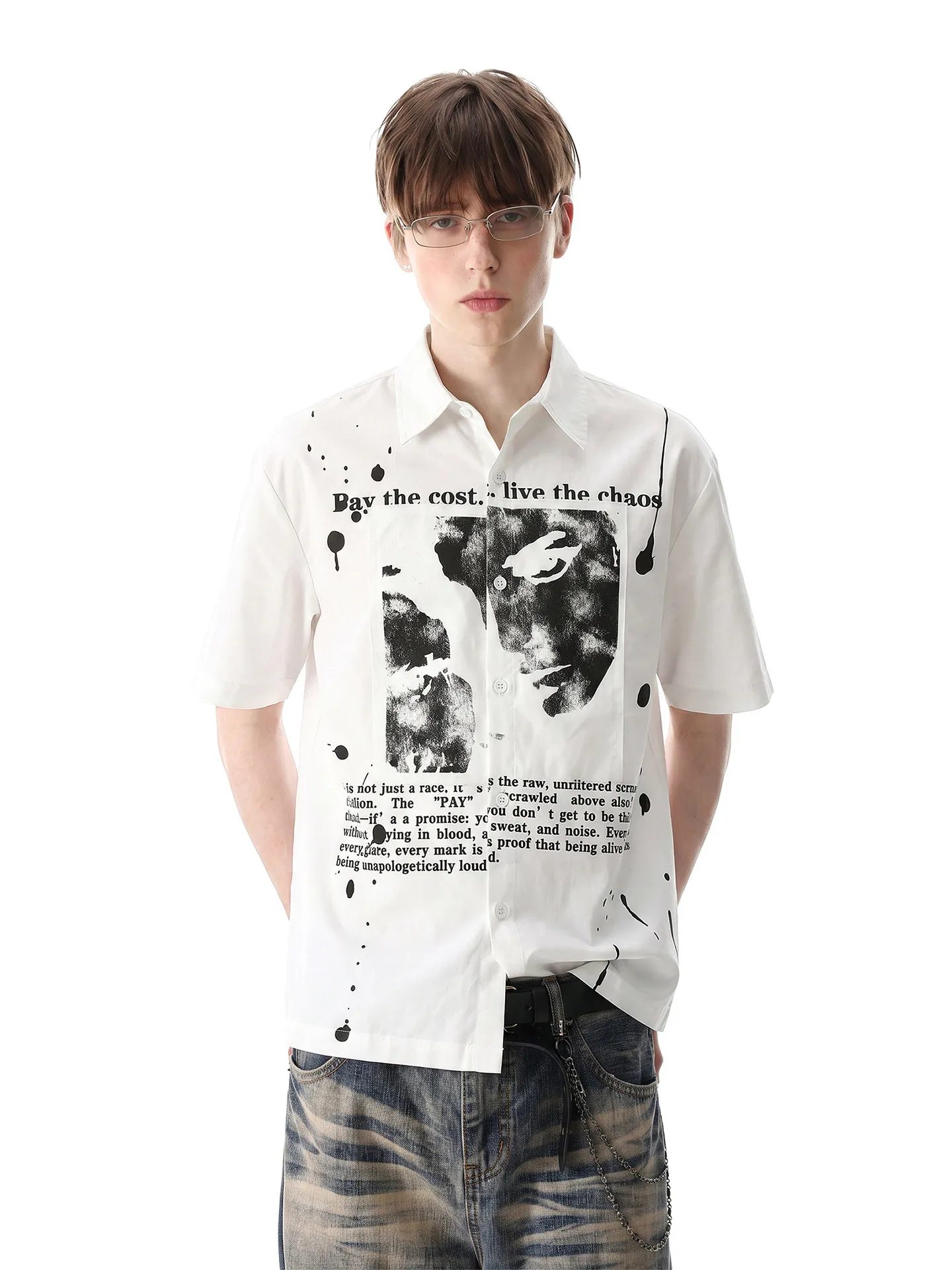 Summer Dark Broken Portrait Splash Ink Print Short Sleeve Shirt Men Vintage Streetwear Loose Casual Button Up White Blouse