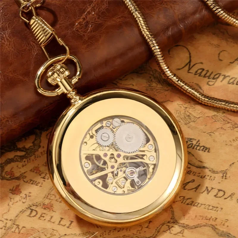 Luxury Yellow Golden Bronze Case Skeleton Display Men Women Handwind Mechanical Pocket Watch Open Face Roman Numeral FOB Chain