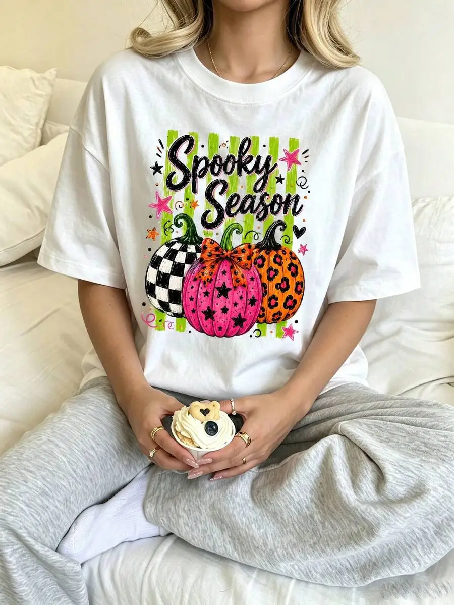 Women's Spooky Season Letter Pink Checkerboard Leopard Star Bow Pumpkin Graphic Print T‑Shirt Crew Neck Short Sleeve Halloween Casual Tee Top