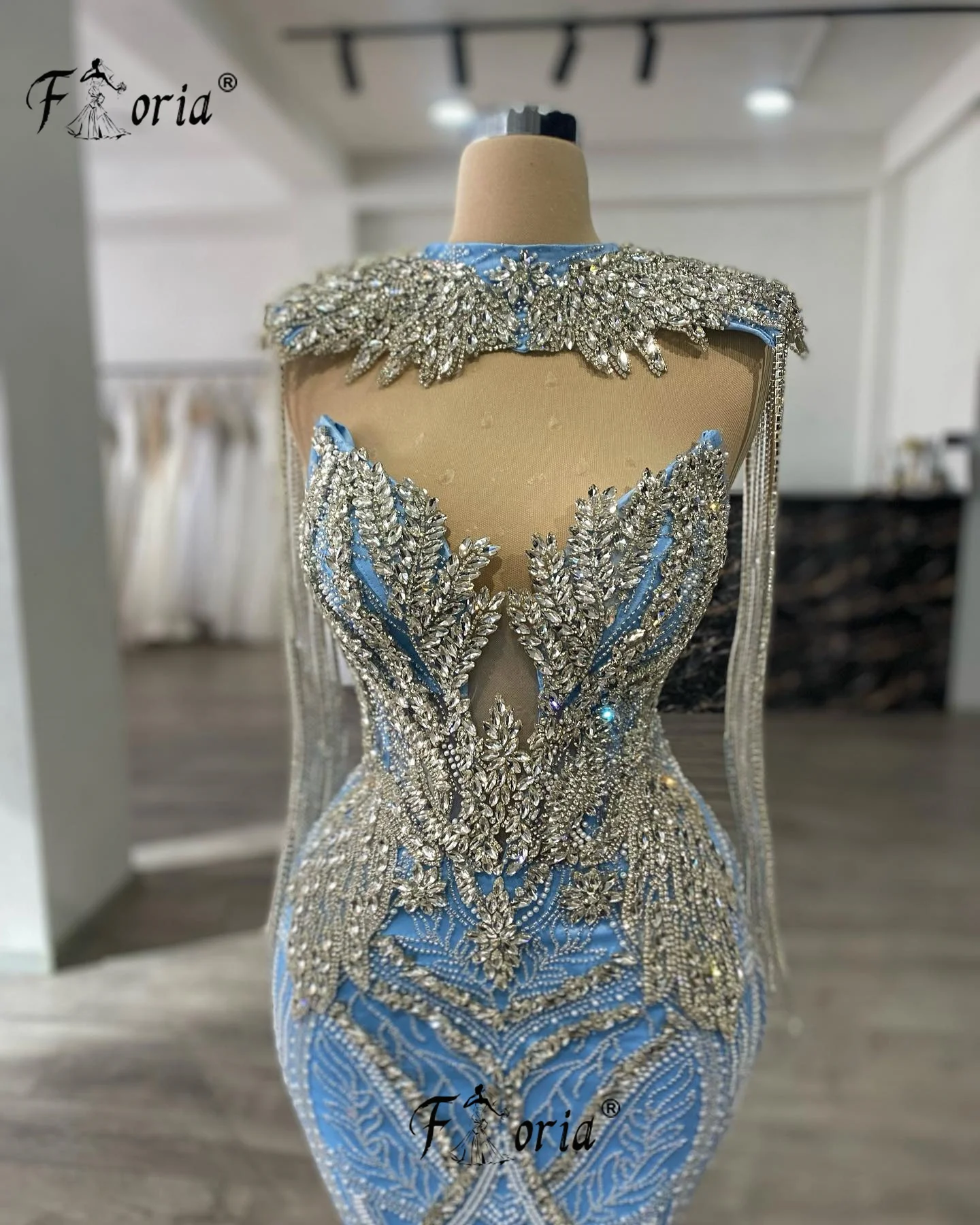 

Luxury Blue Beaded Evening Dresses Stunning Crytsal Tassle Mermaid Celebrity Party Dress Formal Prom Gown Customized Robes Gala