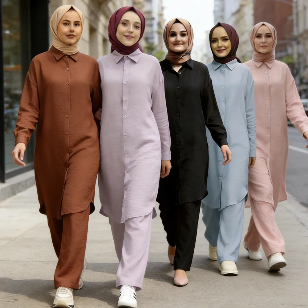 

2026 Spring Muslim Sets Turkey Dubai Abaya Women Long Sleeve Shirt Set Causal Pants Suit Abayas Islamic Outifits Femme Ensembles