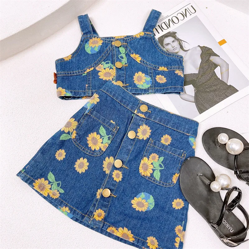 

New Children's Clothing Summer Fashion Girls' Suit Denim High Waist Sling Top plus Bag Skirt Two-Piece SuitWS