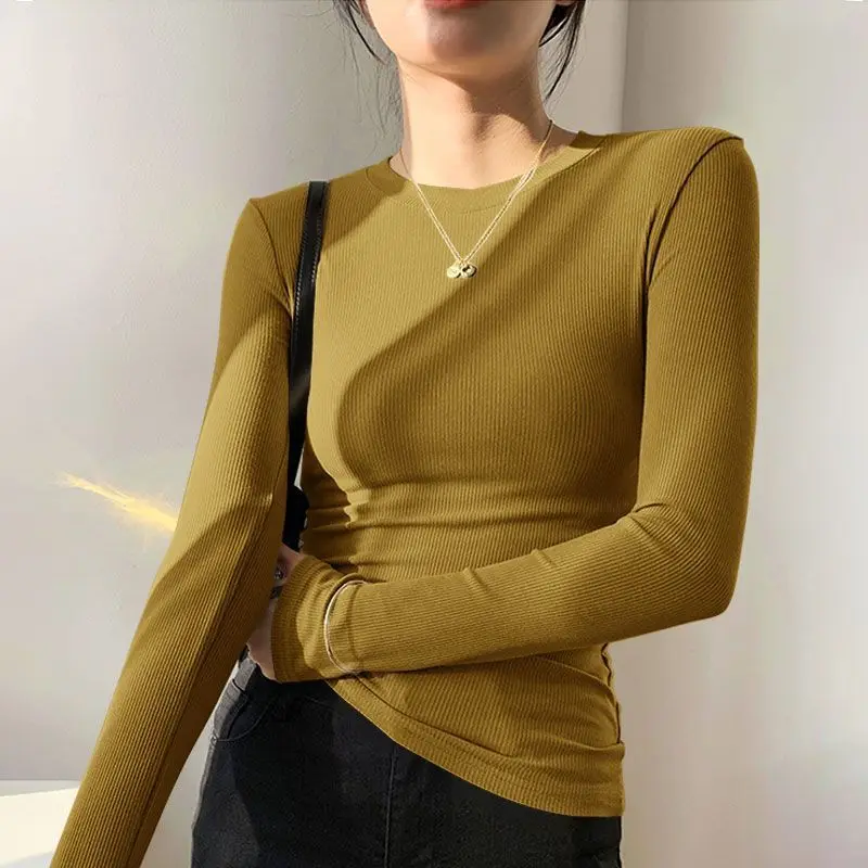 

Basic Slim Tees Shirt for Women Tight T-shirt Spring Long Sleeves Solid Casual Women's Tops Elastic Thin T Shirts Office Lady